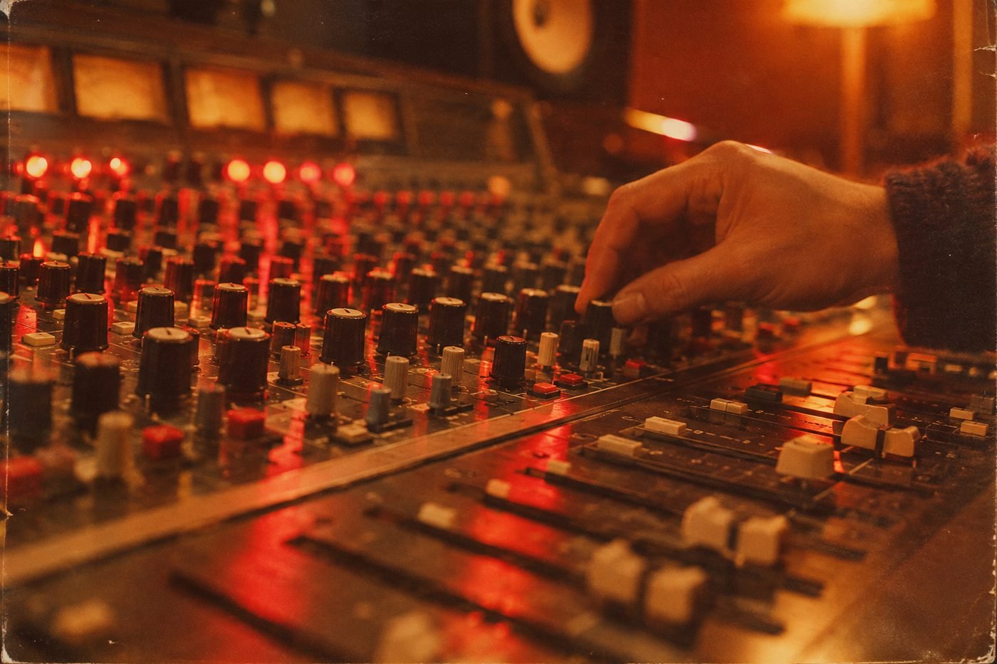 Consola de mezcla analógica con una mano en un control