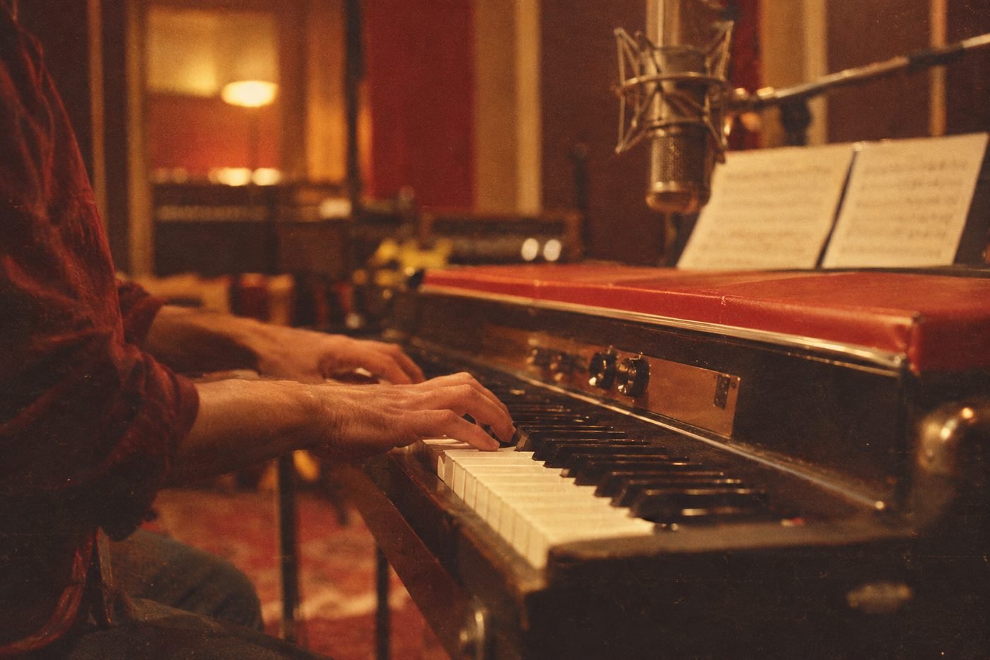 Manos tocando un piano eléctrico en un estudio de grabación
